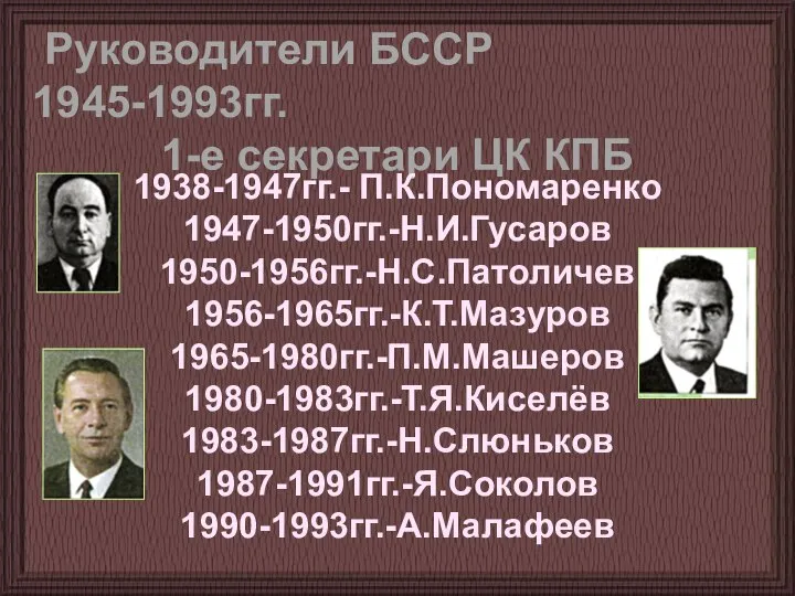 Руководители БССР 1945-1993гг. 1-е секретари ЦК КПБ 1938-1947гг.- П.К.Пономаренко 1947-1950гг.-Н.И.Гусаров 1950-1956гг.-Н.С.Патоличев