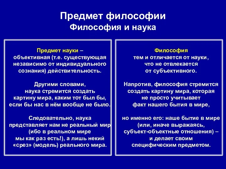 Предмет философии Философия и наука Предмет науки – объективная (т.е. существующая