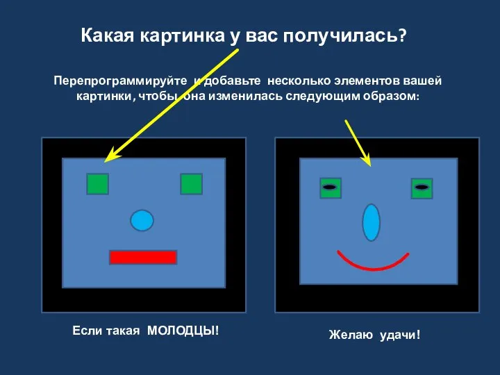 Какая картинка у вас получилась? Перепрограммируйте и добавьте несколько элементов вашей