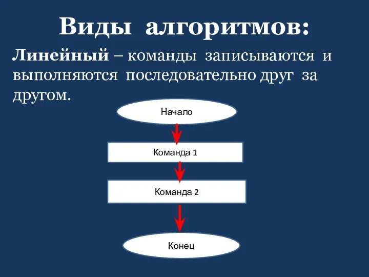 Виды алгоритмов: Линейный – команды записываются и выполняются последовательно друг за другом.