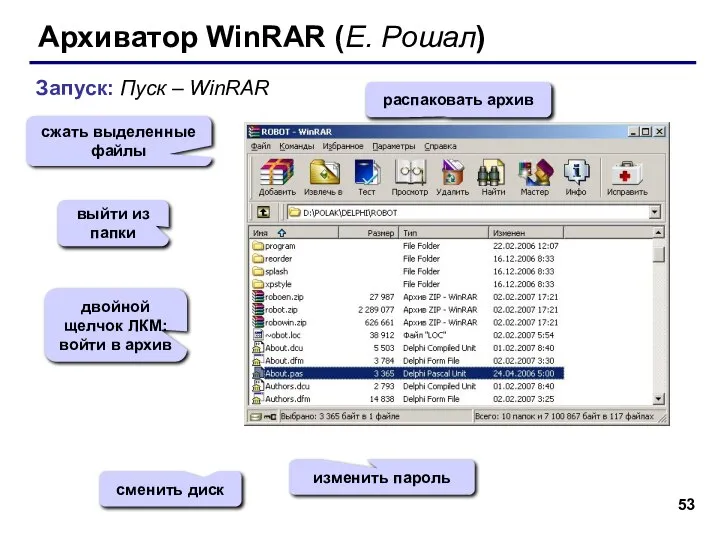 Архиватор WinRAR (Е. Рошал) Запуск: Пуск – WinRAR сжать выделенные файлы