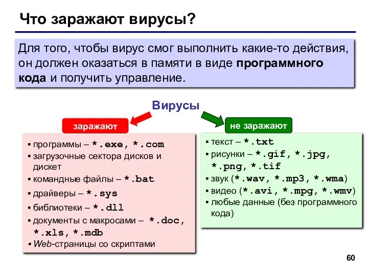 Что заражают вирусы? Вирусы программы – *.exe, *.com загрузочные сектора дисков