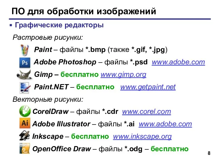 ПО для обработки изображений Графические редакторы Растровые рисунки: Paint – файлы