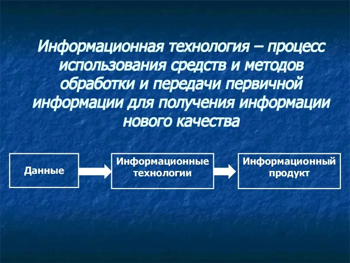 Информационная технология – процесс использования средств и методов обработки и передачи