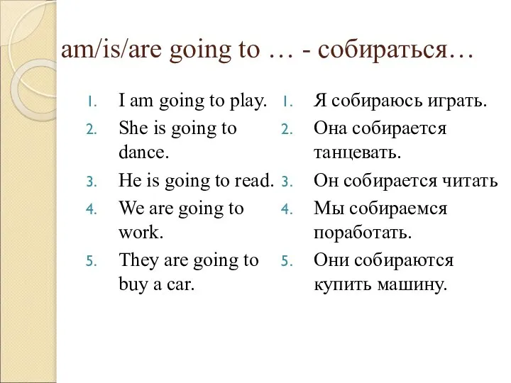 am/is/are going to … - собираться… I am going to play.