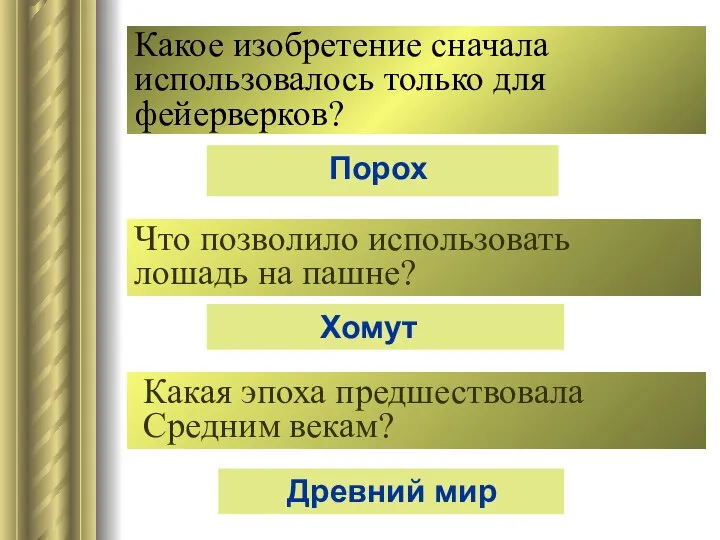 Какое изобретение сначала использовалось только для фейерверков? Порох Что позволило использовать