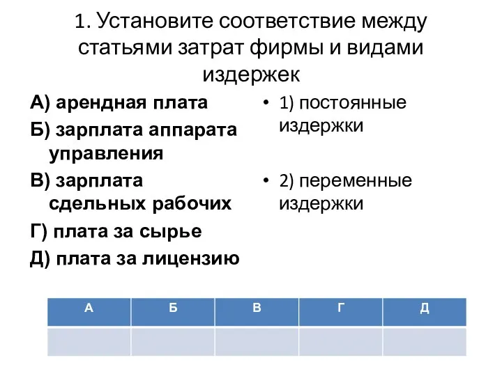 1. Установите соответствие между статьями затрат фирмы и видами издержек А)