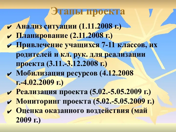 Этапы проекта Анализ ситуации (1.11.2008 г.) Планирование (2.11.2008 г.) Привлечение учащихся