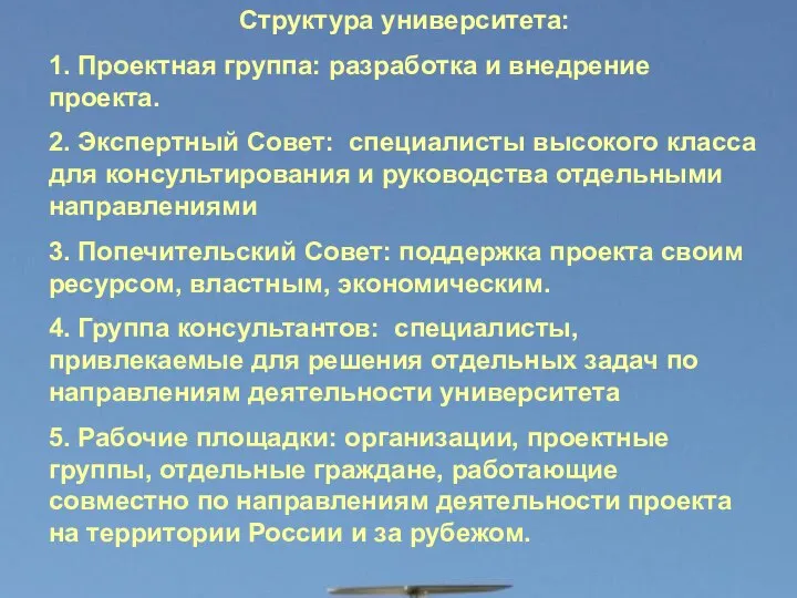 Структура университета: 1. Проектная группа: разработка и внедрение проекта. 2. Экспертный