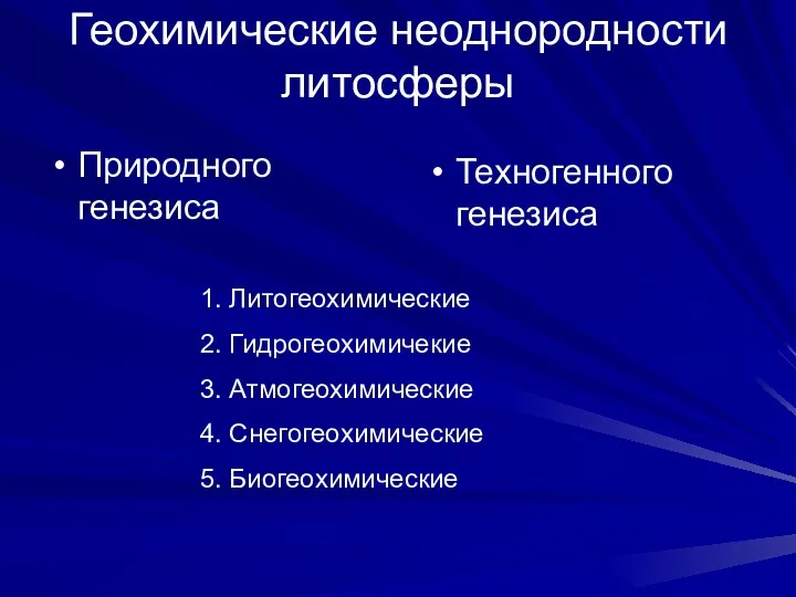 Геохимические неоднородности литосферы Природного генезиса Техногенного генезиса 1. Литогеохимические 2. Гидрогеохимичекие