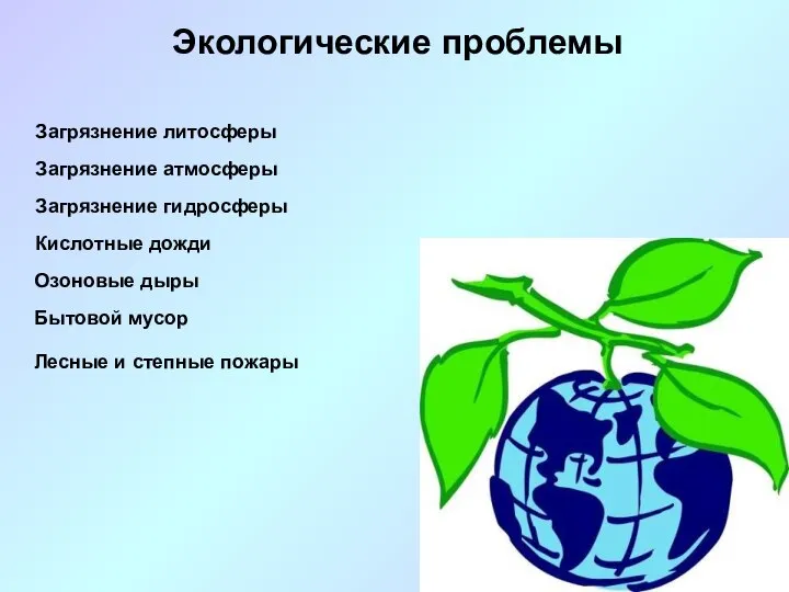 Экологические проблемы Загрязнение литосферы Загрязнение атмосферы Загрязнение гидросферы Кислотные дожди Озоновые