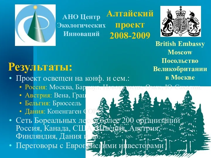 Алтайский проект 2008-2009 Результаты: Проект освещен на конф. и сем.: Россия: