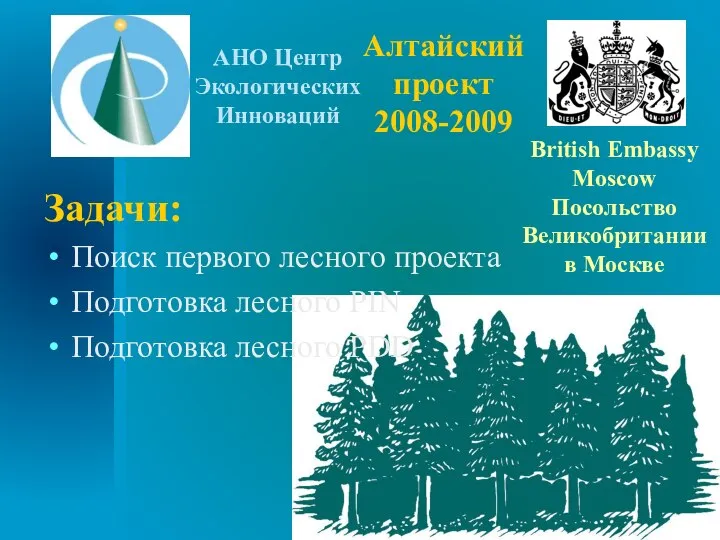 Алтайский проект 2008-2009 Задачи: Поиск первого лесного проекта Подготовка лесного PIN