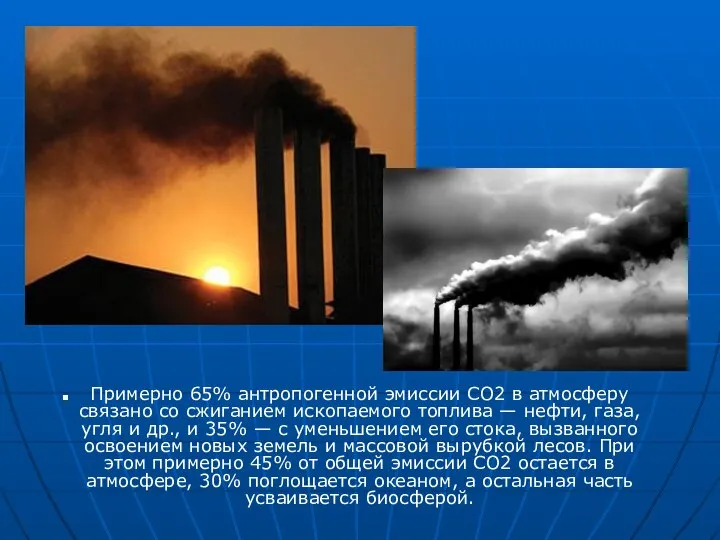 Примерно 65% антропогенной эмиссии СО2 в атмосферу связано со сжиганием ископаемого
