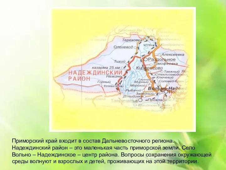 Приморский край входит в состав Дальневосточного региона. Надеждинский район – это