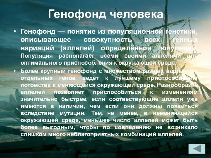 Генофонд человека Генофонд — понятие из популяционной генетики, описывающее совокупность всех