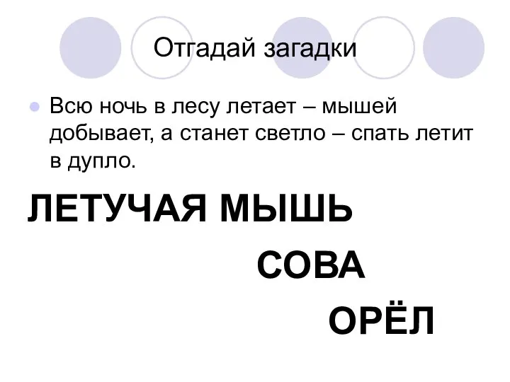 Отгадай загадки Всю ночь в лесу летает – мышей добывает, а