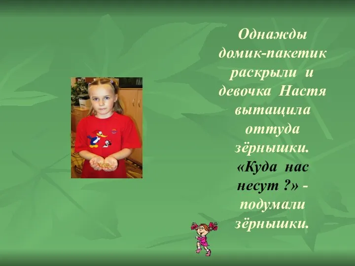 Однажды домик-пакетик раскрыли и девочка Настя вытащила оттуда зёрнышки. «Куда нас несут ?» - подумали зёрнышки.