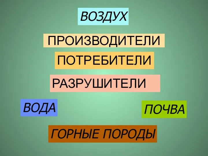 ПРОИЗВОДИТЕЛИ РАЗРУШИТЕЛИ ВОЗДУХ ВОДА ГОРНЫЕ ПОРОДЫ ПОЧВА ПОТРЕБИТЕЛИ