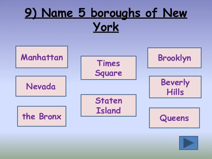 9) Name 5 boroughs of New York Manhattan Staten Island Nevada