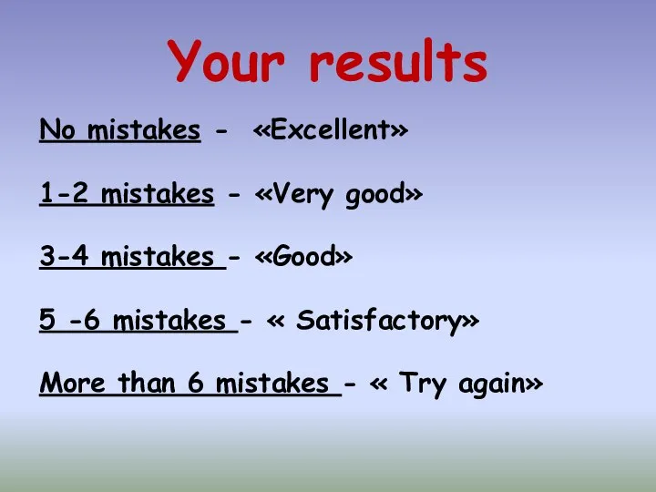 Your results No mistakes - «Excellent» 1-2 mistakes - «Very good»