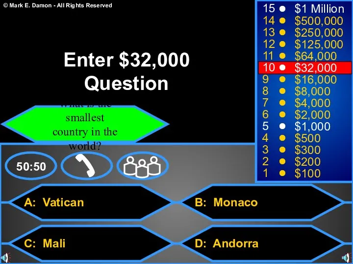 A: Vatican C: Mali B: Monaco D: Andorra 50:50 15 14