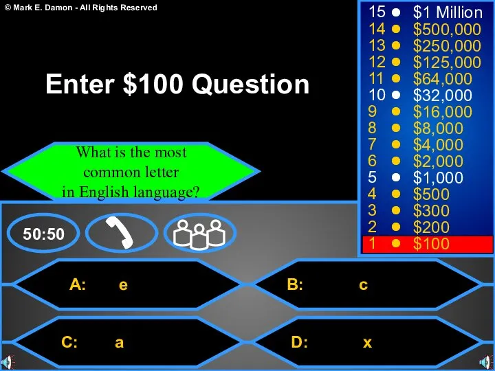 A: e C: a B: c D: x 50:50 15 14