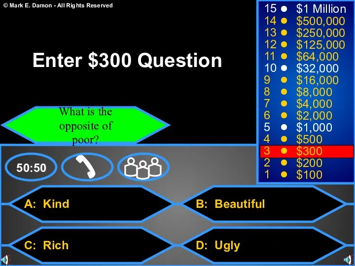 A: Kind C: Rich B: Beautiful D: Ugly 50:50 15 14