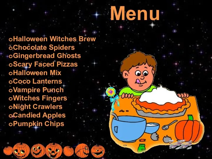 Menu Halloween Witches Brew Chocolate Spiders Gingerbread Ghosts Scary Faced Pizzas