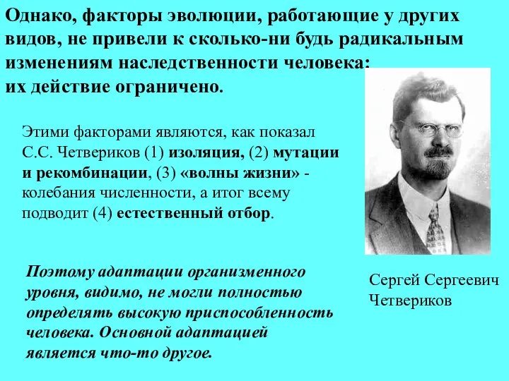 Однако, факторы эволюции, работающие у других видов, не привели к сколько-ни