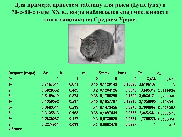 Для примера приведем таблицу для рыси (Lynx lynx) в 70-е-80-е годы