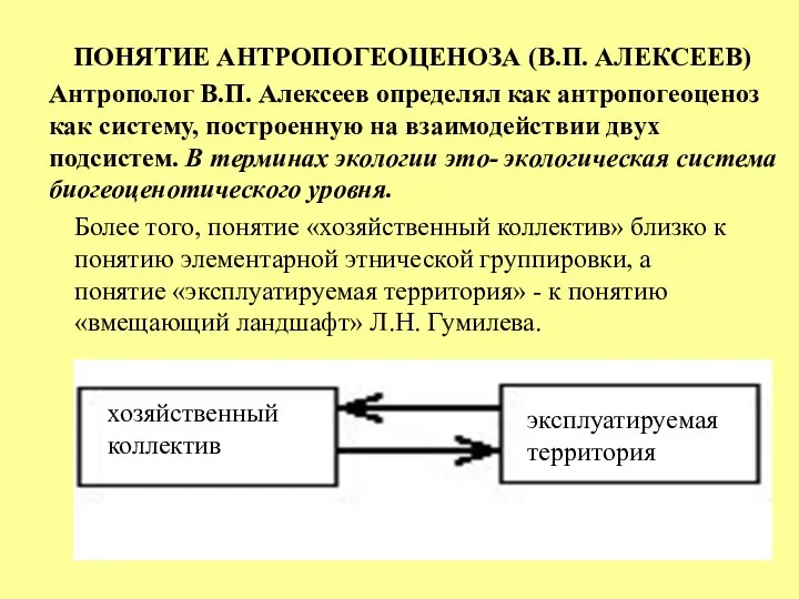 ПОНЯТИЕ АНТРОПОГЕОЦЕНОЗА (В.П. АЛЕКСЕЕВ) хозяйственный коллектив эксплуатируемая территория Антрополог В.П. Алексеев