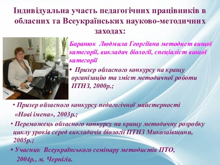 Індивідуальна участь педагогічних працівників в обласних та Всеукраїнських науково-методичних заходах: Баранюк