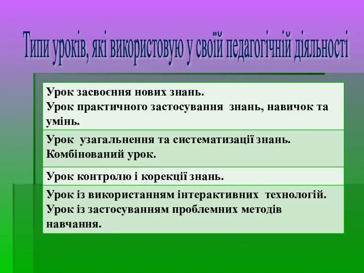 Типи уроків, які використовую у своїй педагогічній діяльності