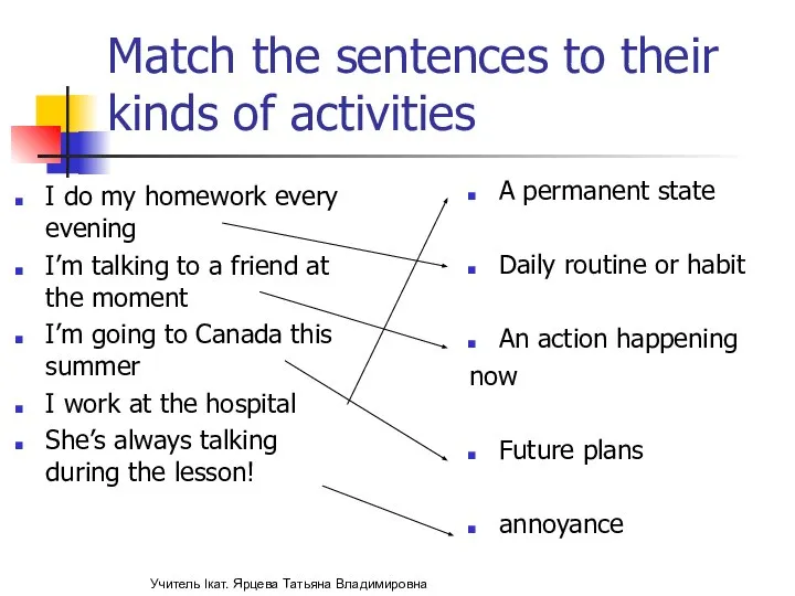 Match the sentences to their kinds of activities A permanent state