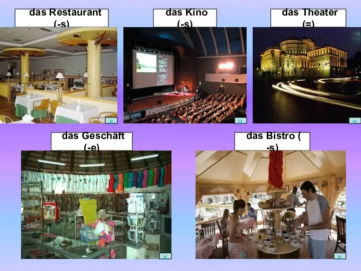 das Theater (=) das Kino (-s) das Restaurant (-s) das Geschäft (-e) das Bistro ( -s)