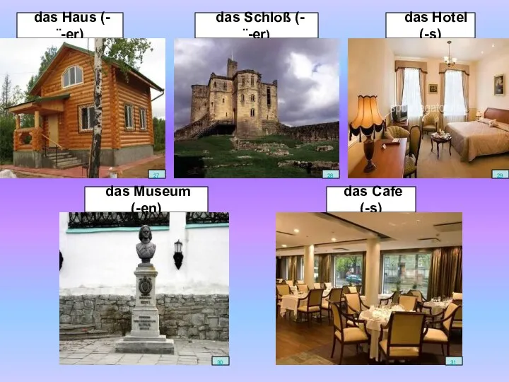 das Hotel (-s) das Museum (-en) das Cafe (-s) das Haus (-¨-er) das Schloß (-¨-er)