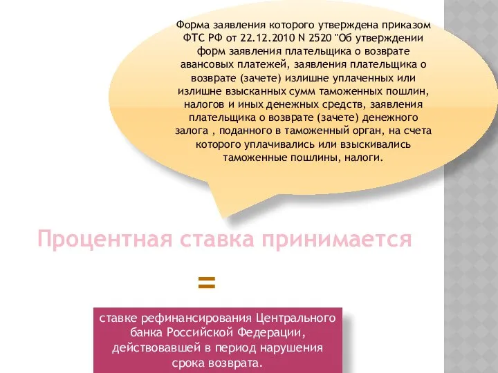 Процентная ставка принимается ставке рефинансирования Центрального банка Российской Федерации, действовавшей в