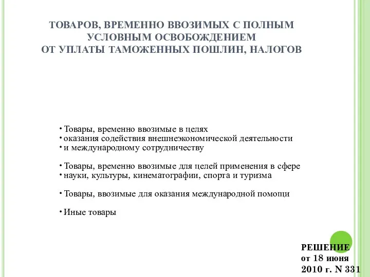 ТОВАРОВ, ВРЕМЕННО ВВОЗИМЫХ С ПОЛНЫМ УСЛОВНЫМ ОСВОБОЖДЕНИЕМ ОТ УПЛАТЫ ТАМОЖЕННЫХ ПОШЛИН,