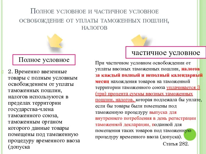 Полное условное и частичное условное освобождение от уплаты таможенных пошлин, налогов