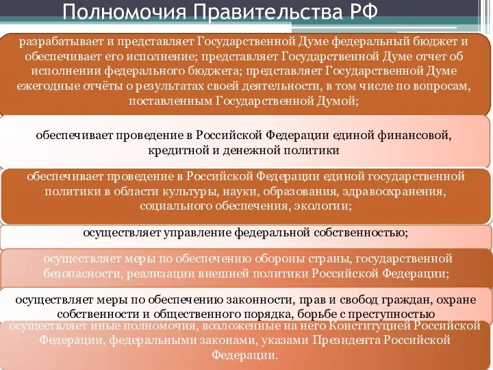 Полномочия Правительства РФ разрабатывает и представляет Государственной Думе федеральный бюджет и