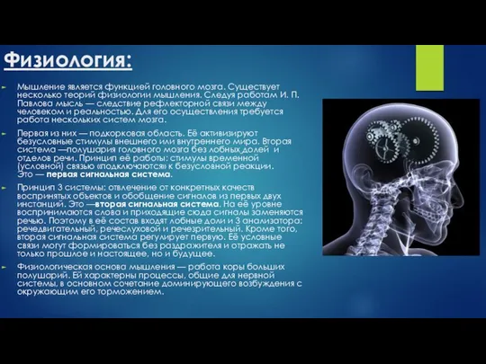 Физиология: Мышление является функцией головного мозга. Существует несколько теорий физиологии мышления.