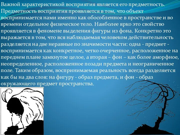 Важной характеристикой восприятия является его предметность. Предметность восприятия проявляется в том,