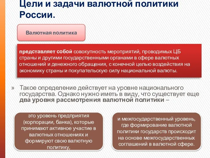 Цели и задачи валютной политики России. Такое определение действует на уровне