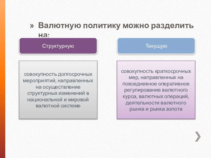 Валютную политику можно разделить на: Структурную Текущую совокупность долгосрочных мероприятий, направленных