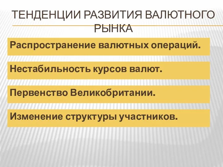 Тенденции развития валютного рынка Распространение валютных операций. Нестабильность курсов валют. Первенство Великобритании. Изменение структуры участников.