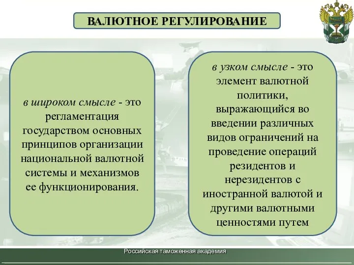 Российская таможенная академия ВАЛЮТНОЕ РЕГУЛИРОВАНИЕ в широком смысле - это регламентация