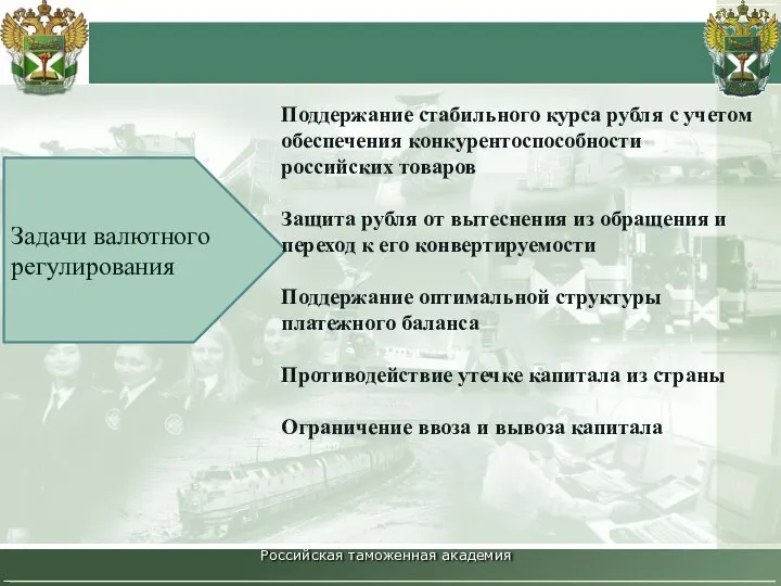 Российская таможенная академия Задачи валютного регулирования Поддержание стабильного курса рубля с