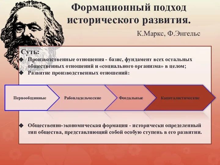 Формационный подход исторического развития. К.Маркс, Ф.Энгельс Суть: Производственные отношения - базис,