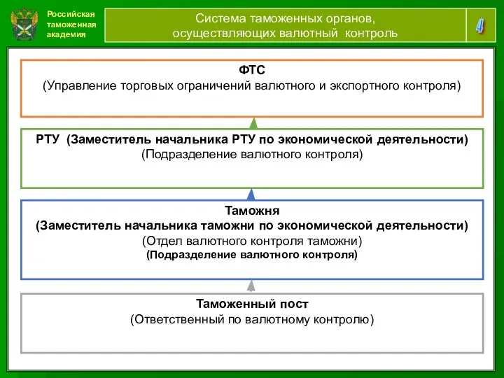 Российская таможенная академия 4 Система таможенных органов, осуществляющих валютный контроль